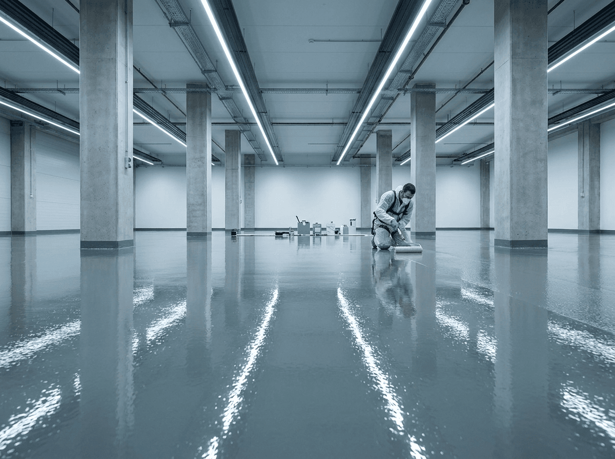 Glossy epoxy floor coating in an industrial facility